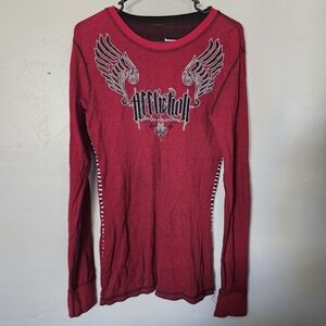 Affliction Women's Large Reversible Red Black Long Sleeve Graphic Tee Cross Y2K